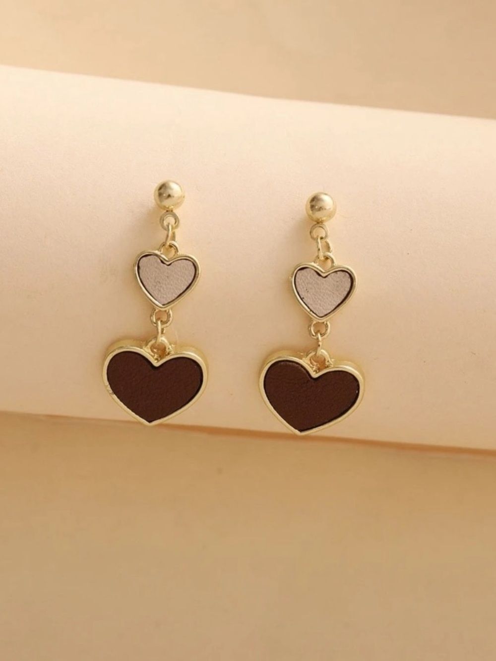 Gold-Tone Double Heart Drop Earrings in Dark Brown and Cream